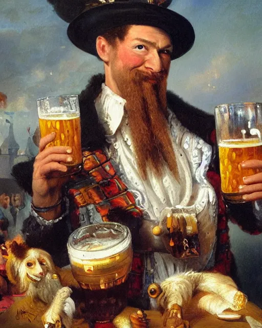 Prompt: a painting of bart simpson holding a mug of beer at the oktoberfest, a detailed painting by konstantin makovsky and by jan matejko and by nikolay makovsky, shutterstock contest winner, german romanticism, detailed painting, oil on canvas, wimmelbilder