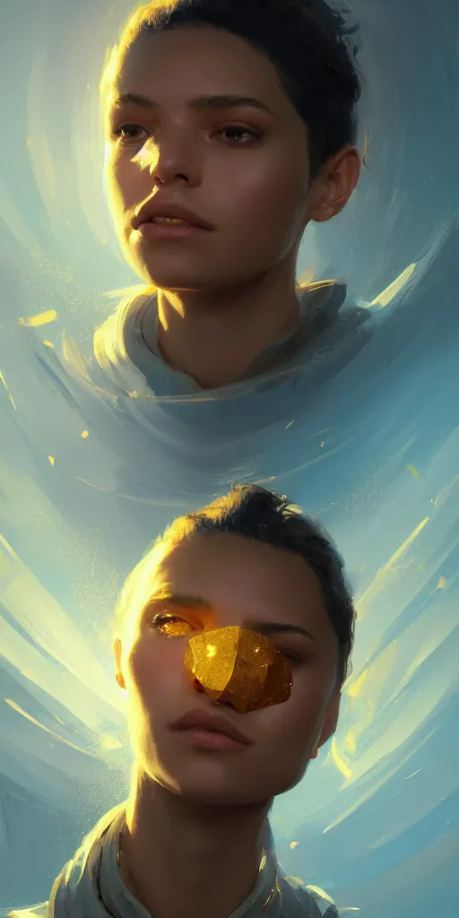 Image similar to highly detailed portrait of a semicircular bounded space surrounded by golden and blue magic powder, ultra wide angle, finer details : 3, by ian fisher and greg rutkowski, trending on artstation, concept art, smooth, sharp focus, illustration.