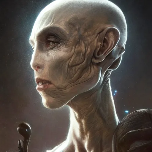 Image similar to portrait painting of a grey alien, ultra realistic, concept art, intricate details, eerie, highly detailed, photorealistic, octane render, 8 k, unreal engine. art by artgerm and greg rutkowski and alphonse mucha