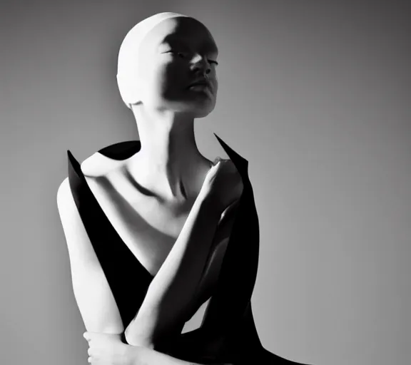 Image similar to extremely beautiful well lit fashion photo of a female statue wearing a neoprene asymmetrical ballgown in the style of rei kawakubo, yohji yamamoto, japanese avant garde fashion, statue, black marble, carving, glossy, vogue, beautiful lighting, clear, sharp focus, depth of field, portrait, editorial, vogue