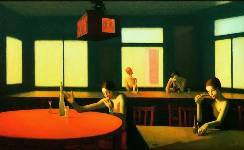 Image similar to Inside a tavern, Edward Hopper and James Gilleard, Zdzislaw Beksinski, Mark Ryden, Wolfgang Lettl highly detailed, hints of Yayoi Kasuma