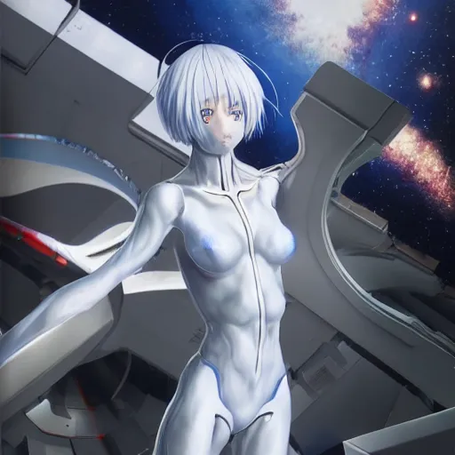 Image similar to HYPER REALISTIC VFX SIMULATION, This is a digital art piece by Yoshiyuki Sadamoto that is trending on artstation. It is a 8K UHD image of Rei Ayanami, a female anime character, inside a space station with technological rings. She is shot from the ground by Yoshiyuki Sadamoto. The environment is a concept design and the art is hyper realistic with intricate details.