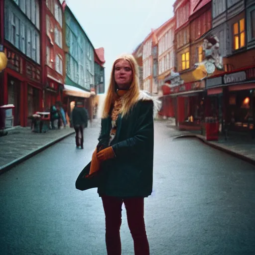 Prompt: hd photo of the norse goddess freya in a modern norwegian city. high - quality candid photography, cinestill 5 0 0