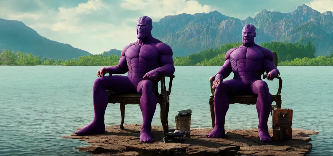 Image similar to a very high resolution image from a new movie. thanos sitting on chair in a lake, photorealistic, photography, directed by wes anderson