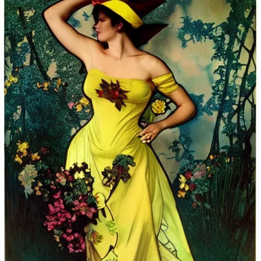 Image similar to elegant woman dressed up as pikachu art photo by Annie Liebovitz and Alphonse Mucha