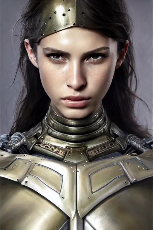 Prompt: a photorealistic painted portrait of an attractive young girl, partially clothed in metal-plated battle armor, olive skin, long dark hair, flawless skin, beautiful bone structure, symmetric facial features, perfect photorealistic eyes, natural physique, intricate, elegant, digital painting, concept art, finely detailed, beautifully illustrated, sharp focus, minimal artifacts, from Metal Gear, by Ruan Jia and Mandy Jurgens and Artgerm and William-Adolphe Bouguerea, in the style of Greg Rutkowski, trending on Artstation, award winning art