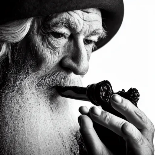 Image similar to a closeup black and white studio photographic portrait of gandalf smoking a long pipe, dramatic lighting