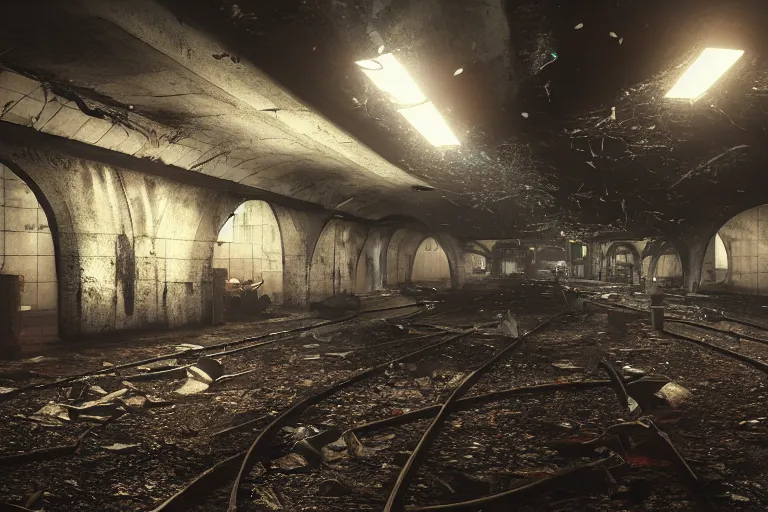 Image similar to ruined, abandoned, underground metro station. Pitch black darkness, red flares on the ground is the only light source. Smoke. Dirt and debris on ground. Unreal Engine. Substance painter. Zbrush. Trending on artstation. 8K. Horror. Resident evil. Highly detailed.