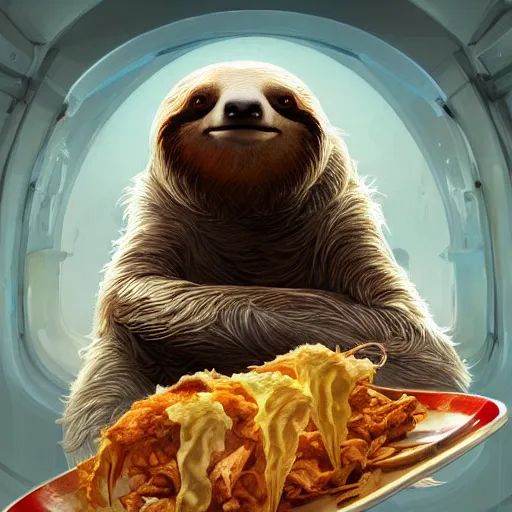 Image similar to detailed science - fiction character portrait of a sloth eating tacos, intricate, wild, highly detailed, digital painting, artstation, concept art, smooth, sharp focus, illustration, art by artgerm and greg rutkowski and alphonse mucha