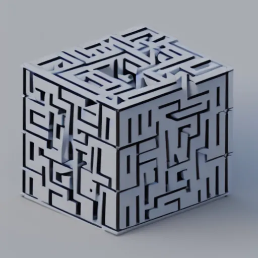 Prompt: 3D render of a 3-dimensional cubic maze made out of metal, white background,