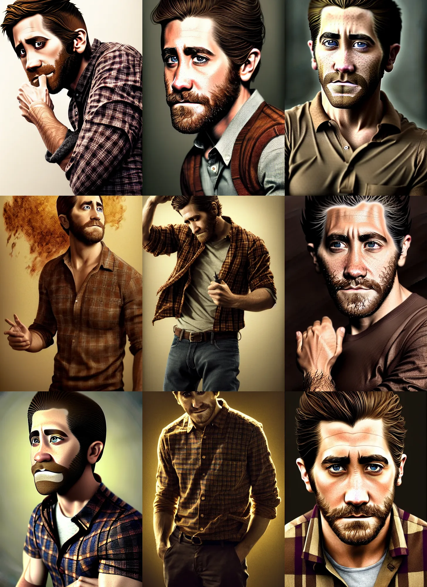 Prompt: jake gyllenhaal, brown hair, khakis, plaid shirt, diffuse lighting, fantasy, intricate, elegant, highly detailed, lifelike, photorealistic, digital painting, artstation, illustration, concept art, smooth, sharp focus, art by John Collier and Albert Aublet and James jean and Brian froud and ross tran and Artem Demura and Alphonse Mucha
