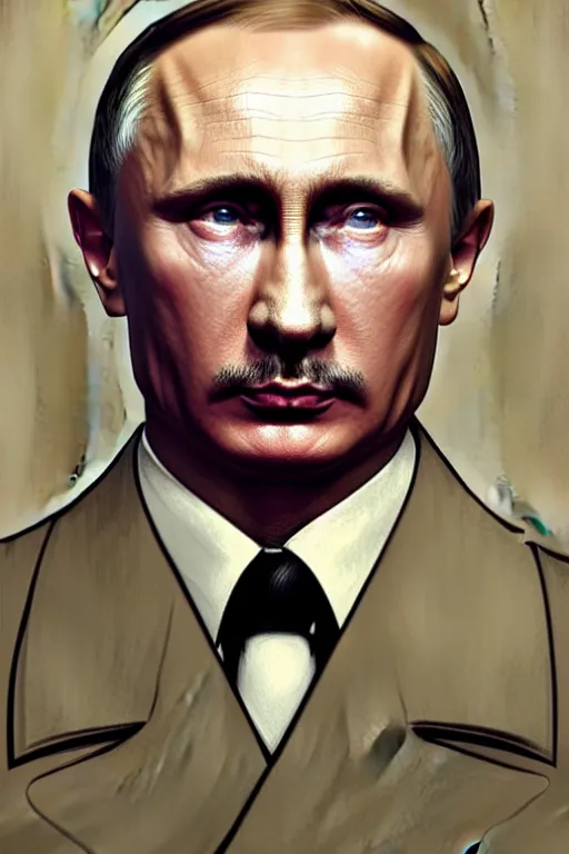 Image similar to vladimir putin playing hitler in a movie, realistic portrait, symmetrical, highly detailed, digital painting, artstation, concept art, smooth, sharp focus, illustration, cinematic lighting, art by artgerm and greg rutkowski and alphonse mucha