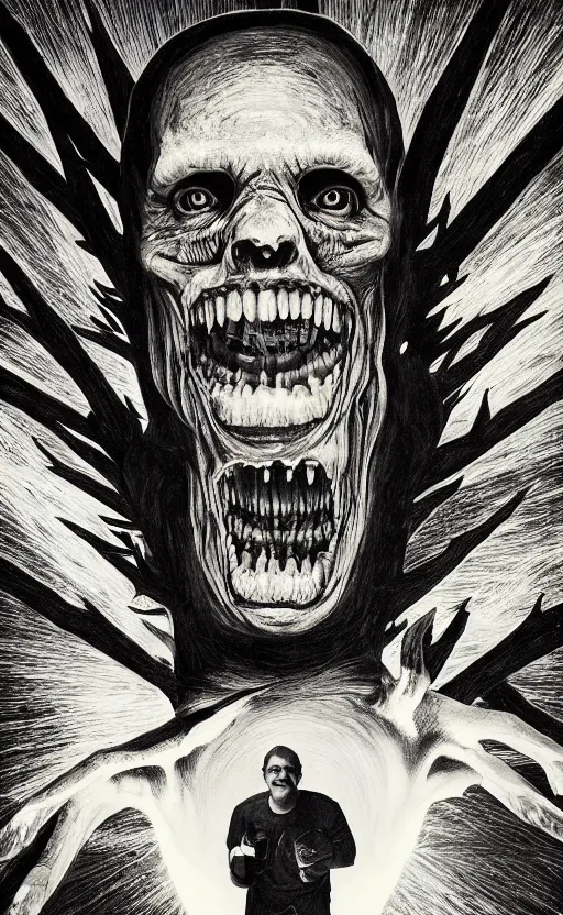 Image similar to full body of eldritch smiling jerma, surrounded by beams of light dark background by wayne barlow, stanley donwood, anton semenov, zdzislaw bekinski, hr giger, 8 k, fantasy, dark, highly detailed