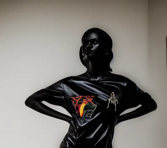 Image similar to dark black marble statue of a beautiful woman with colorful motocross logos in the style of virgil abloh, dark soft lighting, cinematic, very very beautiful, detailed, off white, heron preston, 8 k, 4 k, detailed, beautiful, symmetrical, vogue, editorial, fashion, magazine, museum lighting, night time, dark