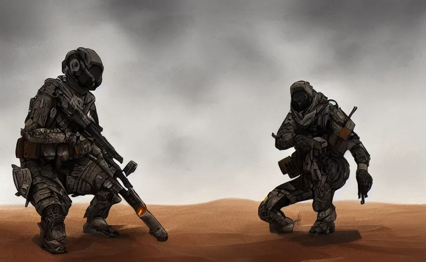 Image similar to concept art of sci - fi, future soldier in stealth cloak in desert with a sniper rifle, hiding in flying sand, artstation, visual trends, digital art