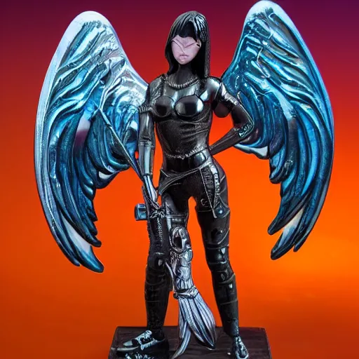 Image similar to a very expensive figurine of cyberpunk angel warrior woman