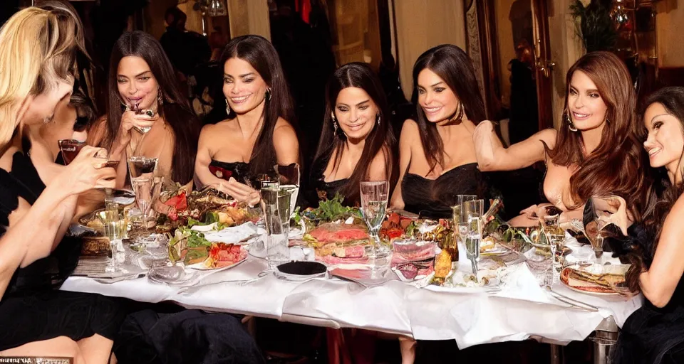 Prompt: candid group photo of sofia vergara and salma hayek and penelope cruz and catherine zeta jones and eva mendes, sitting around a long table at a dinner, laughing