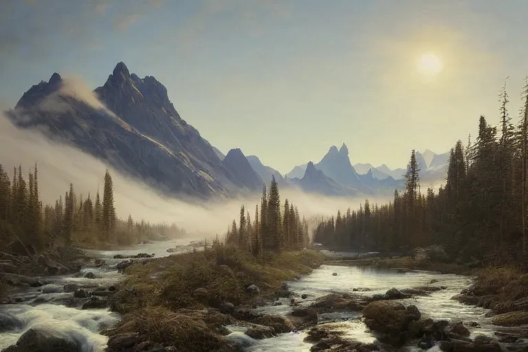 Prompt: an epic landscape painting of the three sisters mountains in canada, with snow on its peak, at sunrise in springtime, with a small river in the foreground, painted by greg rutkowski, atmospheric, volumetric lighting, rolling fog, breathtaking, highly detailed