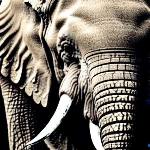 Image similar to a detailed, close - up photograph of an elephant with tiger skin