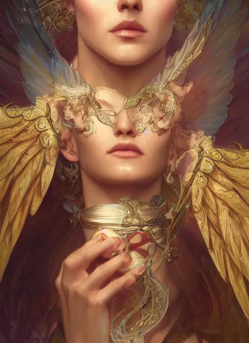 Image similar to close up portrait of beautiful angel, d & d, face, fantasy, intricate, elegant, highly detailed, digital painting, artstation, concept art, smooth, sharp focus, illustration, art by artgerm and greg rutkowski and alphonse mucha