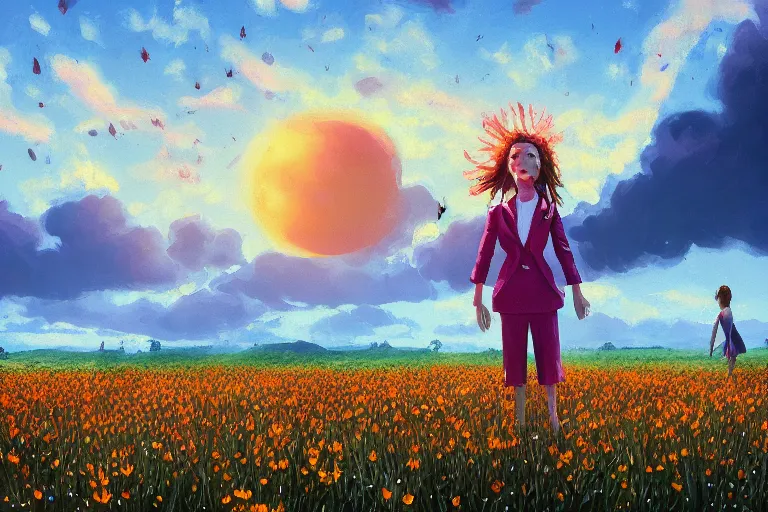 Prompt: big thistle flower head, a girl in suit in field of flowers, surreal photography, sunrise, blue sky, dramatic light, impressionist painting, digital painting, artstation, simon stalenhag