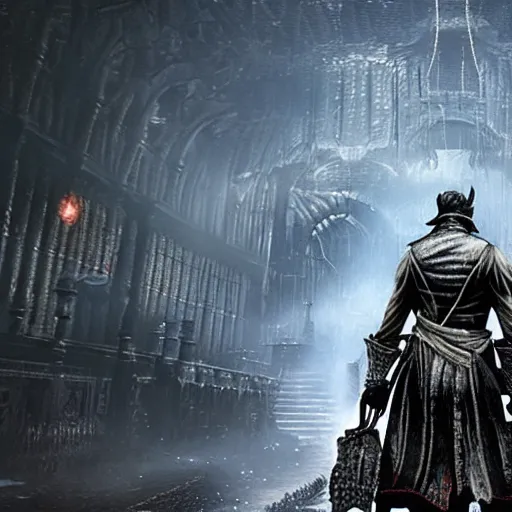 Image similar to Gameplay screenshot of Keanu Reeves as a boss in Bloodborne, film still, photorealistic