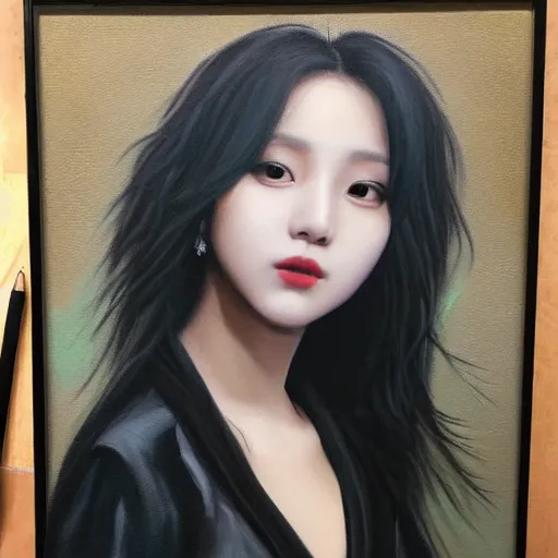 Image similar to Mina from Twice, detailed oil painting, intricate detail, trending, high fashion, realistic human