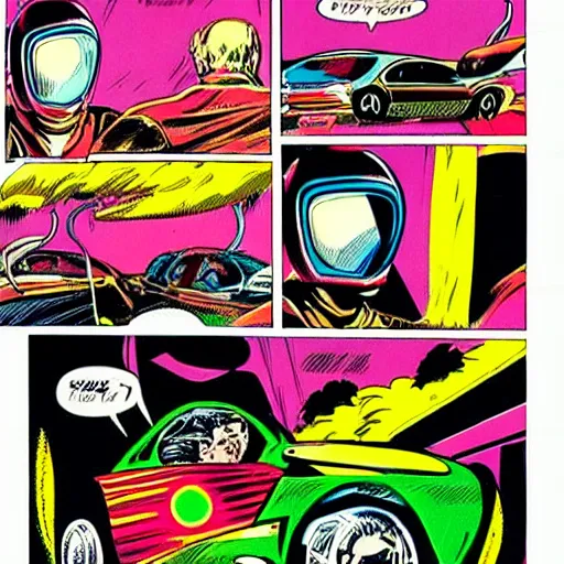 Prompt: alien male race car driver in a 70s comic book, retro, colorful, dynamic