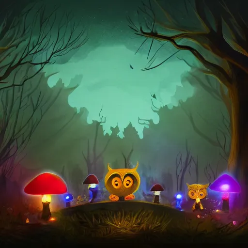 Prompt: A group of friends in a dark forest at night, surrounded by luminescent mushrooms, with a giant owl in the background, digital painting, concept art, artstation, 4k