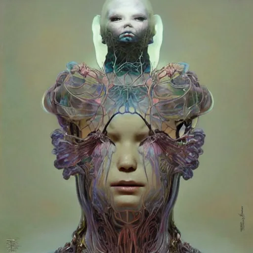 Image similar to bjork by zdzisław beksinski, iris van herpen, alexander mcqueen, raymond swanland and alphonse mucha. highly detailed, hyper - real, beautiful