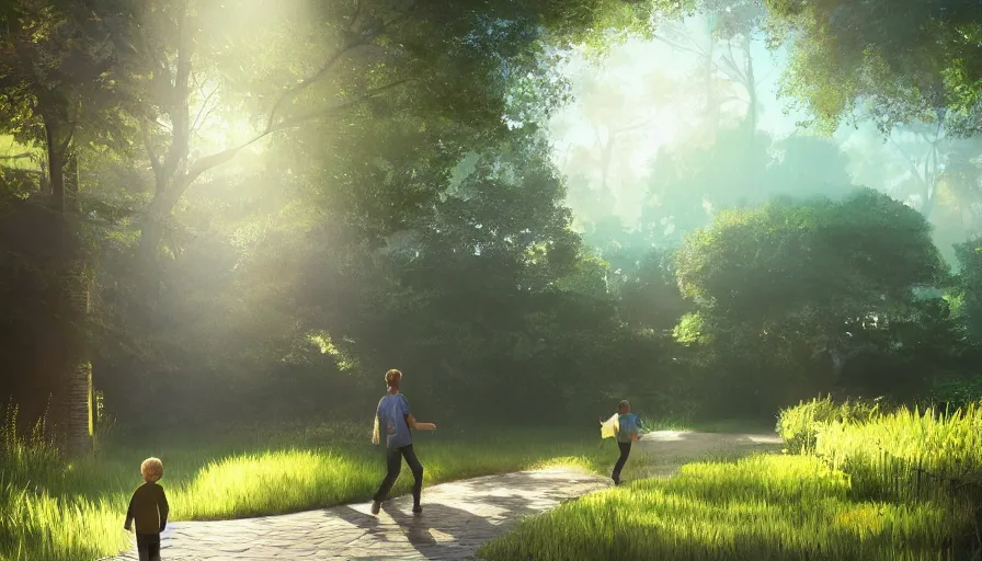 Image similar to father and son walking in brookside gardens, sunny day, volumetric light, hyperdetailed, artstation, cgsociety, 8 k