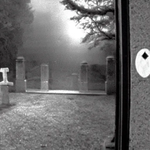 Image similar to cctv security cam grainy black and white footage of baron samedi in an spooky graveyard. baron samedi is wreathed in mist and shadow and is looking at the camera.