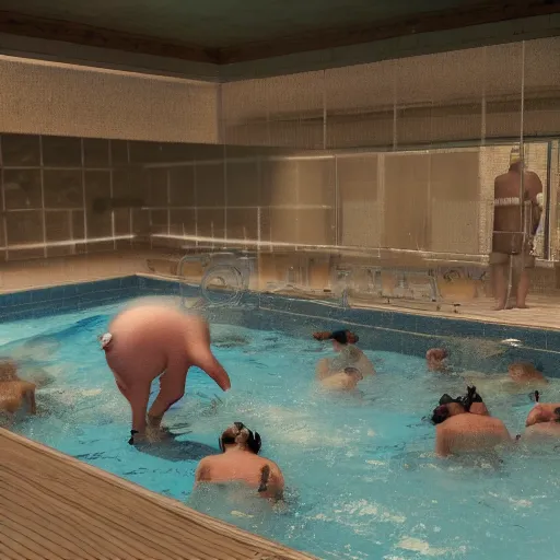 Image similar to photo, two old men fight pig mutants 4 0 1 2 7 inside a swimming pool, highly detailed, scary, volumetric lighting, front view