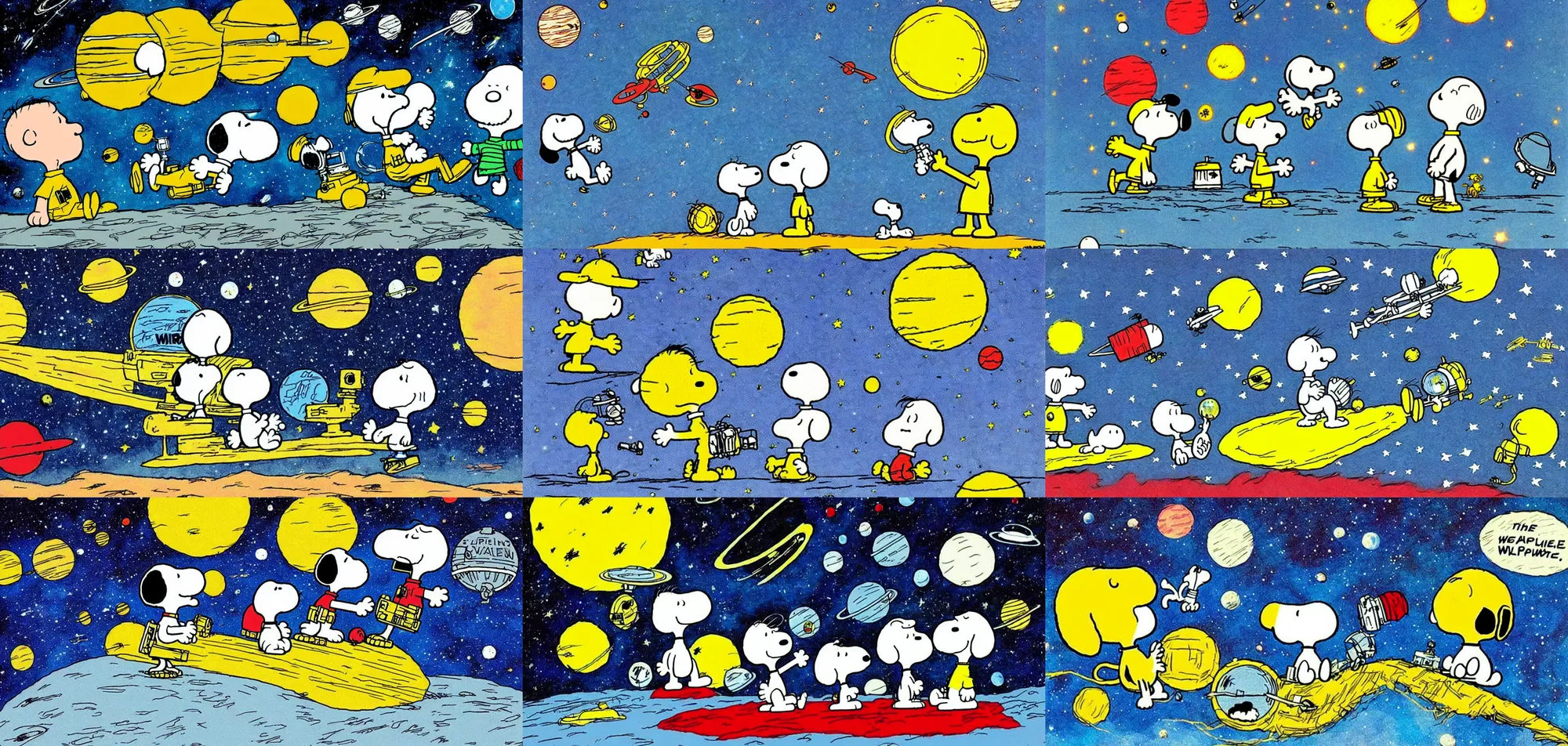 Prompt: calvin and snoopy in space exploring an alien planet, drawn by bill watterson and charles schulz, very detailed and cute and dreamy and playful