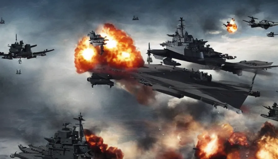 Image similar to big budget movie about a world war 2 spaceship battle using aircraft carriers