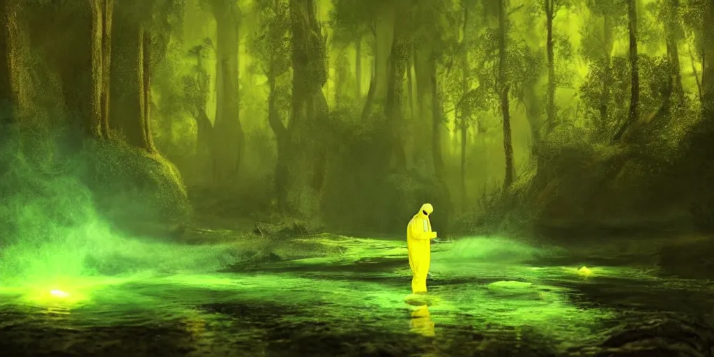 Prompt: a man in a yellow hazmat suit pours glowing green liquid into a magical river and stands in a detailed forest, painting, concept - art!!, rendering, octane, redshift, cinematic composition, volumetric lighting