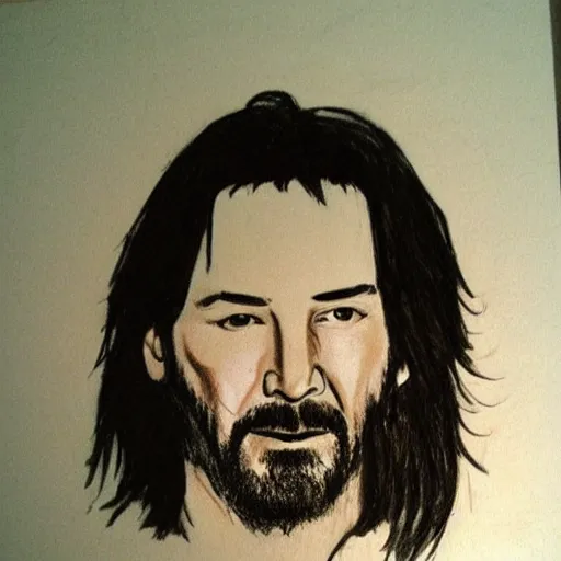 Image similar to infant drawing of keanu reeves, crayons, drawn by a young child, hanging on my fridge