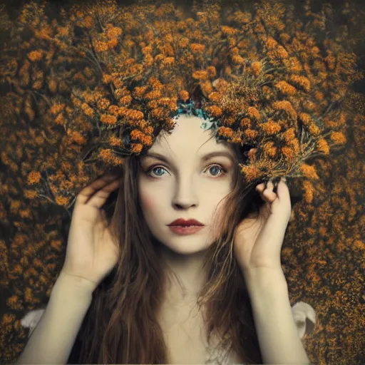 Image similar to fine art photo of the most beautiful woman, she has a crown of dried flowers, by oleg oprisco