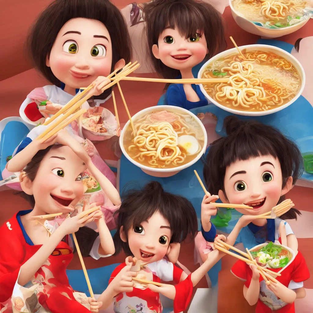 Image similar to Two happy beautiful girls holding chopsticks and eating a bowl of ramen, hyper realistic, insane detail, Pixar