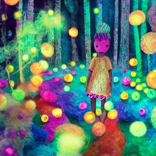 Prompt: a black girl with a colorful dreadloks, in a candy forest! at night, bokeh, bright colours, watercolor, volumetric wool felting, macro photography, children illustration, by goro fujita