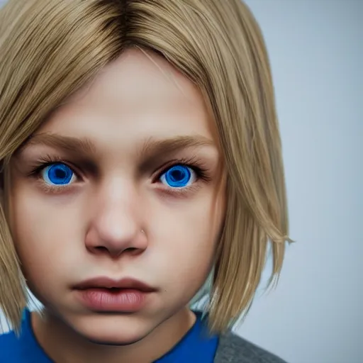 Image similar to a detailed portrait of boy with blonde hair and blue eyes, unreal engine 5 rendered, incredibly highly detailed and realistic, 8 k, sharp focus, studio quality