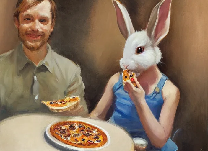 Image similar to a highly detailed beautiful portrait of a bunny at a restaurant, eating pizza, candle lit dinner, by gregory manchess, james gurney, james jean