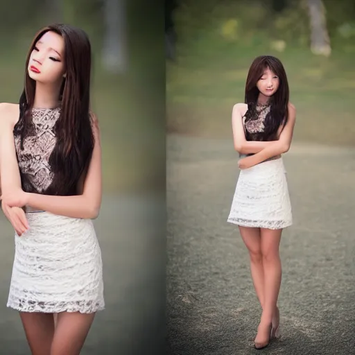 Prompt: young female model photography lace mini skirt beautiful face and body, dramatic light 8 0 mm camera