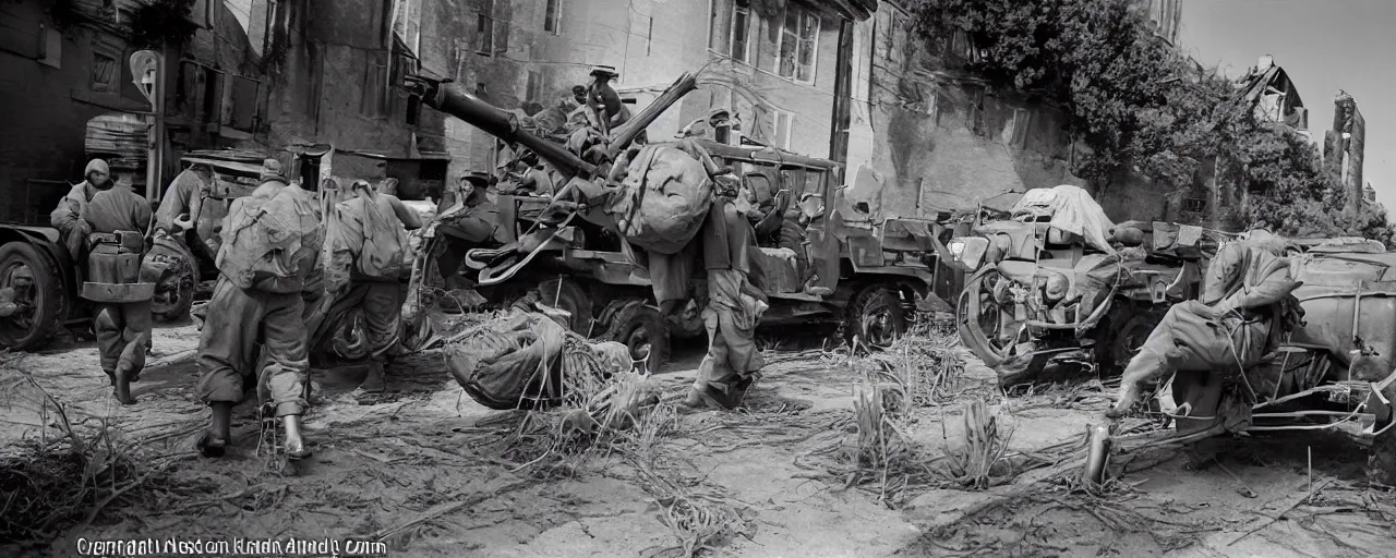 Image similar to transporting spaghetti, world war 2, u. s. army, canon 5 0 mm, kodachrome, in the style of ansel adams, retro