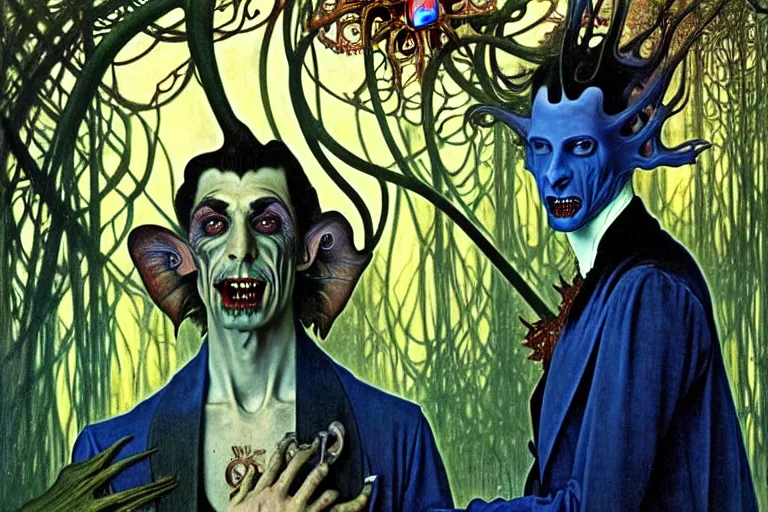 Image similar to realistic extremely detailed portrait painting of an elegantly creepy vampire man dressed as dracula, futuristic sci-fi forest on background by Jean Delville, Amano, Yves Tanguy, Alphonse Mucha, Ernst Haeckel, Edward Robert Hughes, Roger Dean, rich moody colours, blue eyes