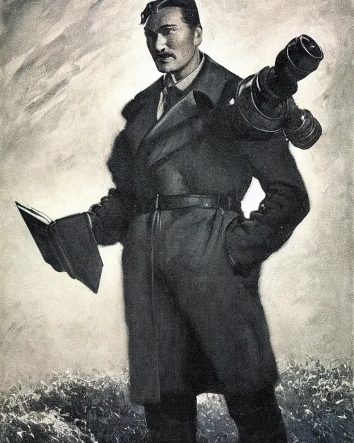 Image similar to Errol Flynn as a scientist. 1980s dystopian Soviet Russia, propaganda screens. Fantasy art by Greg Rutkowski, Gustave Courbet, Rosa Bonheur, Edward Hopper, Ilya Yefimovich Repin, Jean-François Millet, Andrew Newell Wyeth. Faithfully depicted facial expression, perfect anatomy global illumination, radiant light, detailed and intricate environment