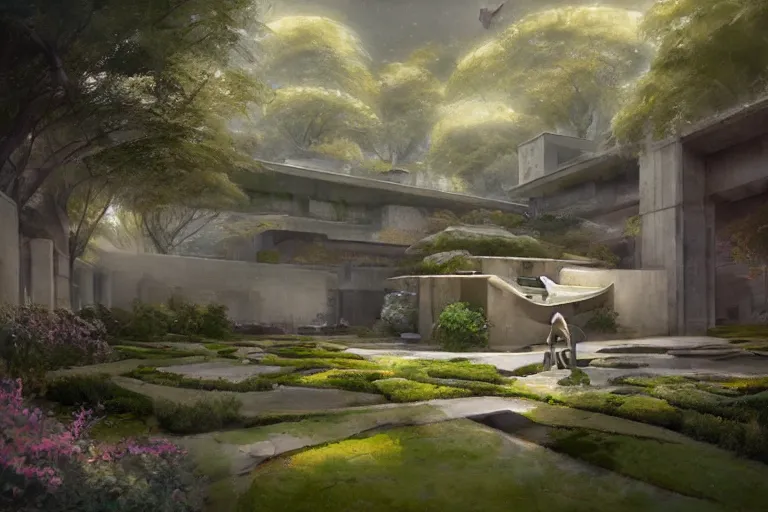 Image similar to Brutalist Shiro surrounded by manicured gardens, amazing cinematic concept painting, by Jessica Rossier