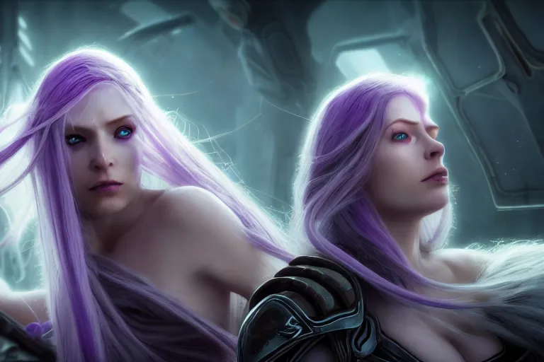 Prompt: an ultra realistic, cinematic, close up portrait, of a pale woman in sci - fi armor with flowing purple hair,, sylvanas windrunner, soft light, dreamy, facial features, standing in a space ship wreck, detailed, deep focus, movie still, dramatic lighting, ray tracing, by michal karcz and yoshitaka and david cronenberg