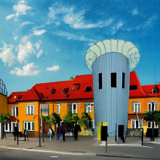 Image similar to istock organic by j. m. w. turner, by okuda san miguel. the mixed mediart of a police station in the lithuanian city of vilnius. in the foreground, a group of policemen are standing in front of the building, while in the background a busy street can be seen.