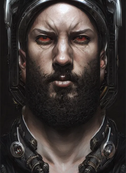 Image similar to portrait of a cyberpunk bearded king, grim - lighting, high - contrast, intricate, elegant, highly detailed, centered, digital painting, artstation, concept art, smooth, sharp focus, illustration, artgerm, tomasz alen kopera, peter mohrbacher, donato giancola, joseph christian leyendecker, wlop, boris vallejo